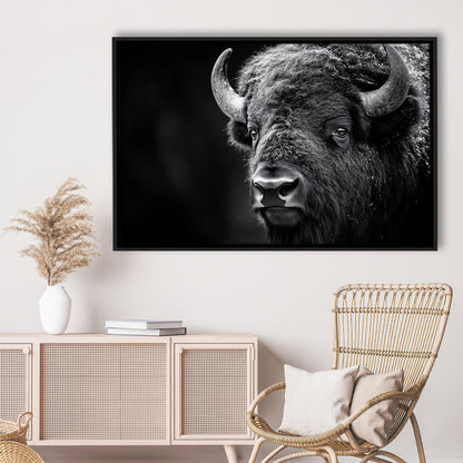 Bison Close up Portrait Black and White, Framed Canvas Print, Painting Art, Floating Framed Canvas Print Wall Art