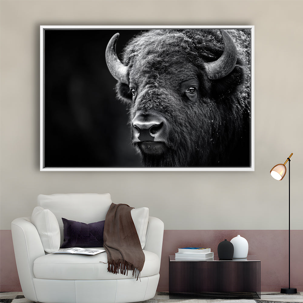 Bison Close up Portrait Black and White, Framed Canvas Print, Painting Art, Floating Framed Canvas Print Wall Art