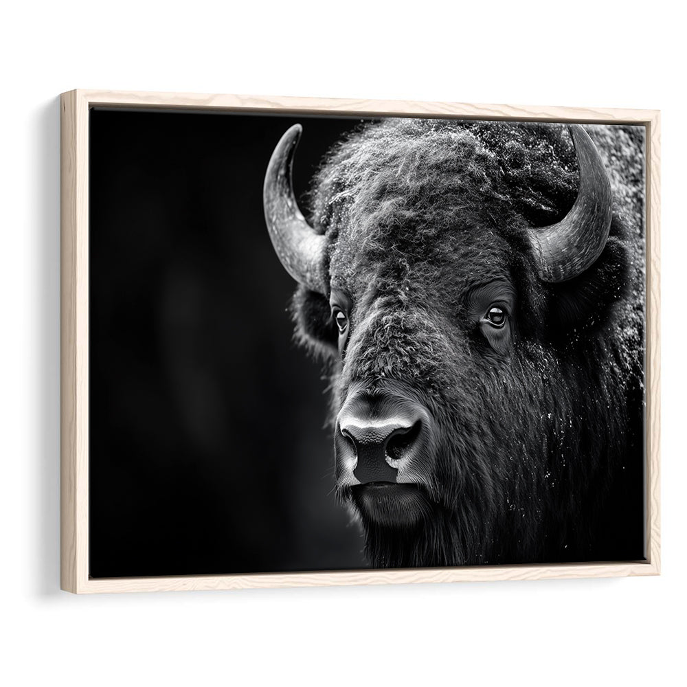 Bison Close up Portrait Black and White, Framed Canvas Print, Painting Art, Floating Framed Canvas Print Wall Art