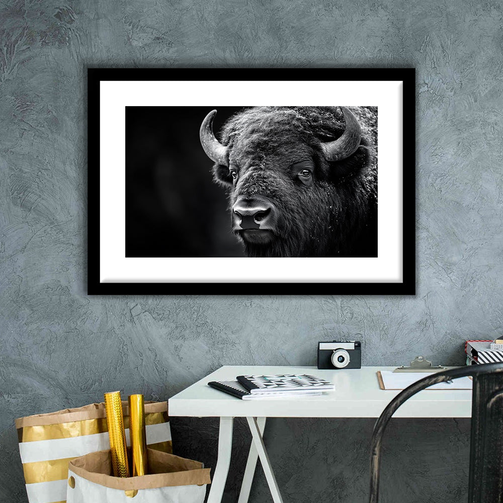 Bison Close up Portrait Black and White, Framed  Print, Painting Art, Framed Art Print White Border Wall Decor