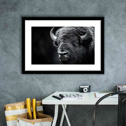 Bison Close up Portrait Black and White, Framed  Print, Painting Art, Framed Art Print White Border Wall Decor
