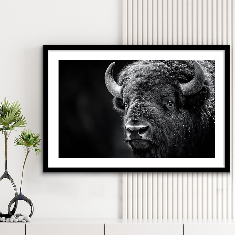 Bison Close up Portrait Black and White, Framed  Print, Painting Art, Framed Art Print White Border Wall Decor