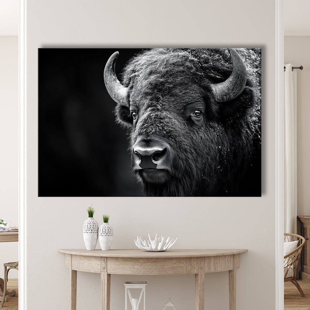 Bison Close up Portrait Black and White, Canvas Art Decor Print, Painting Art, Canvas Print Wall Art Home Decor