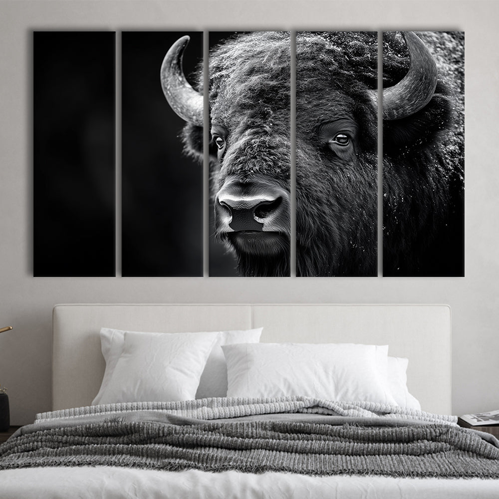 Bison Close up Portrait Black and White, Canvas Art Print, Painting Art, Multi Panels Canvas Print Wall Art