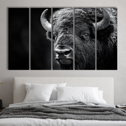 Bison Close up Portrait Black and White, Canvas Art Print, Painting Art, Multi Panels Canvas Print Wall Art