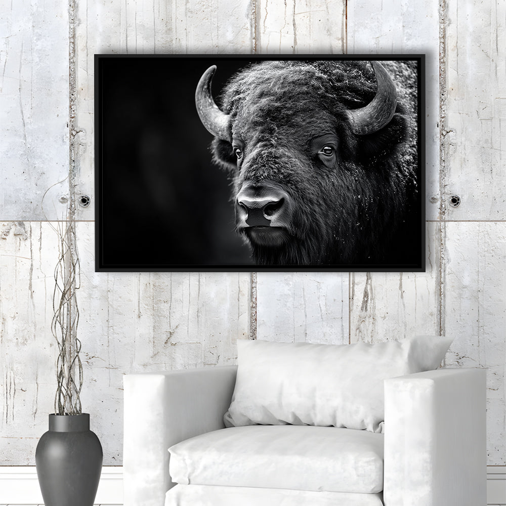 Bison Close up Portrait Black and White, Framed Canvas Print, Painting Art, Floating Framed Canvas Print Wall Art