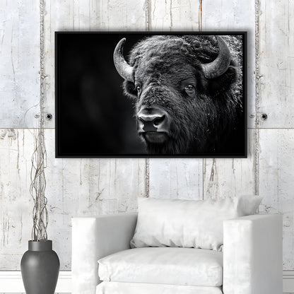 Bison Close up Portrait Black and White, Framed Canvas Print, Painting Art, Floating Framed Canvas Print Wall Art