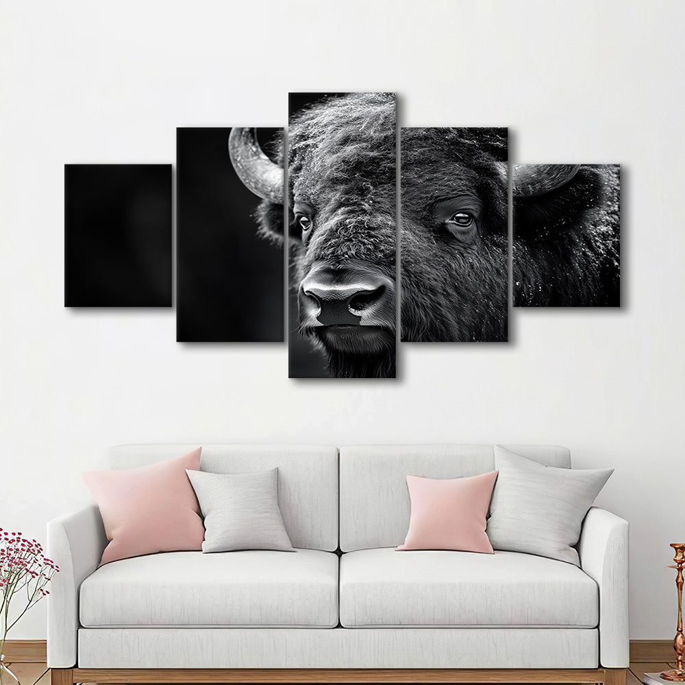 Bison Close up Portrait Black and White, Canvas Art Decor Print, Painting Art, Mixed Panels Canvas Print Wall Art