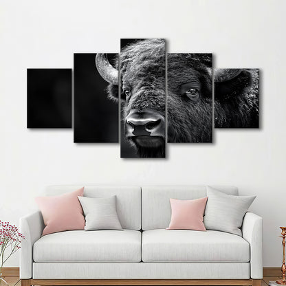 Bison Close up Portrait Black and White, Canvas Art Decor Print, Painting Art, Mixed Panels Canvas Print Wall Art