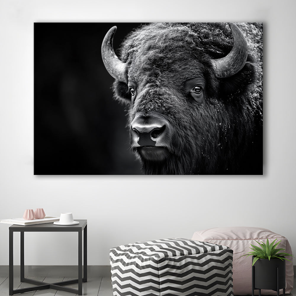 Bison Close up Portrait Black and White, Canvas Art Decor Print, Painting Art, Canvas Print Wall Art Home Decor