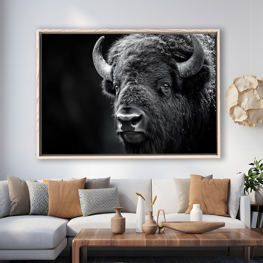 Bison Close up Portrait Black and White, Framed Canvas Print, Painting Art, Floating Framed Canvas Print Wall Art