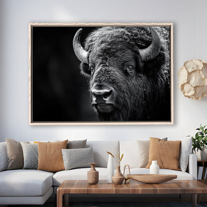 Bison Close up Portrait Black and White, Framed Canvas Print, Painting Art, Floating Framed Canvas Print Wall Art