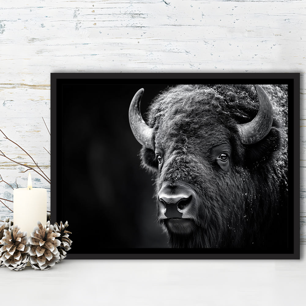 Bison Close up Portrait Black and White, Framed Canvas Print, Painting Art, Floating Framed Canvas Print Wall Art