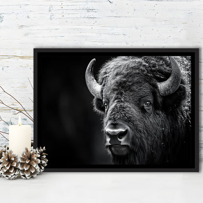 Bison Close up Portrait Black and White, Framed Canvas Print, Painting Art, Floating Framed Canvas Print Wall Art