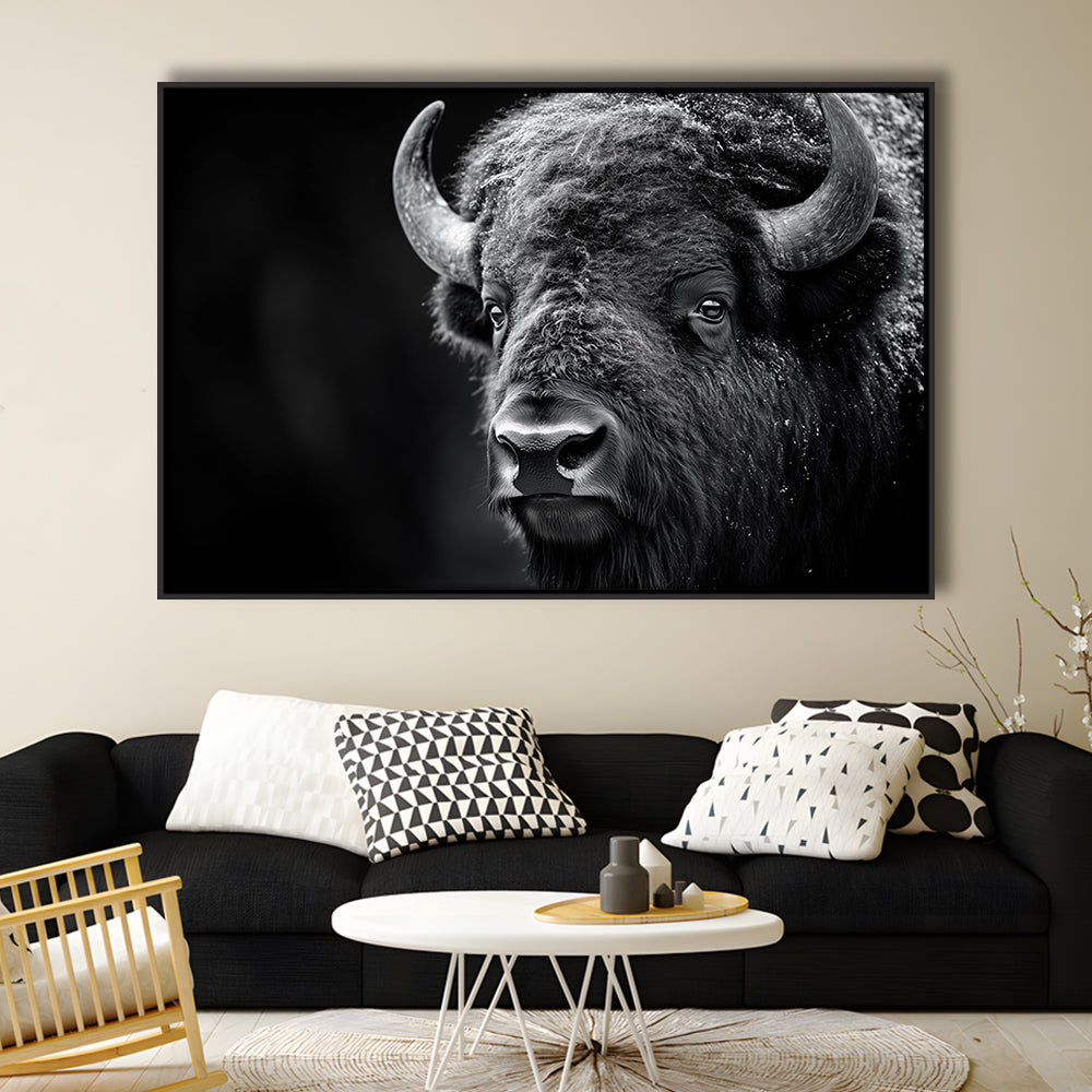 Bison Close up Portrait Black and White, Framed Canvas Print, Painting Art, Floating Framed Canvas Print Wall Art
