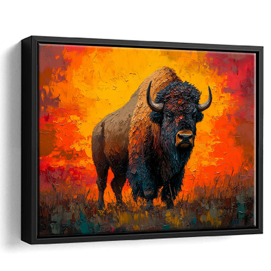 Bison In The Sunset Orrange Color, Framed Canvas Print, Painting Art, Floating Framed Canvas Print Wall Art