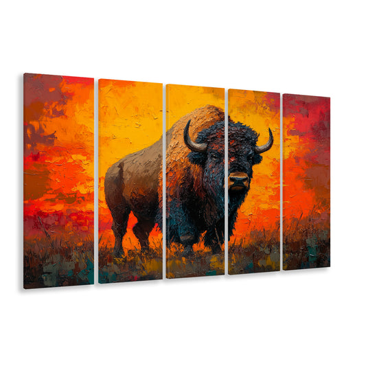 Bison In The Sunset Orrange Color, Canvas Art Print, Painting Art, Multi Panels Canvas Print Wall Art