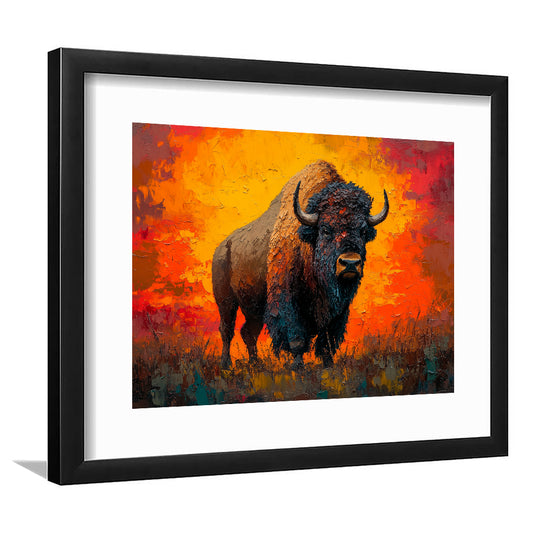 Bison In The Sunset Orrange Color, Framed  Print, Painting Art, Framed Art Print White Border Wall Decor