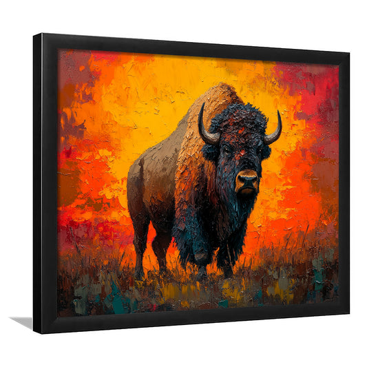 Bison In The Sunset Orrange Color, Framed  Print, Painting Art, Framed Art Print Wall Decor, Framed Picture
