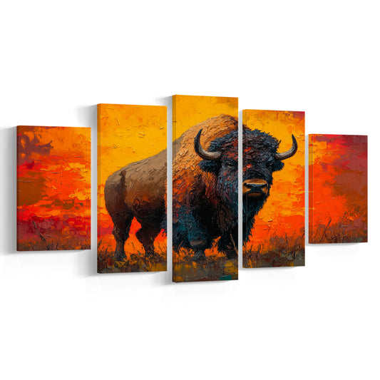 Bison In The Sunset Orrange Color, Canvas Art Decor Print, Painting Art, Mixed Panels Canvas Print Wall Art