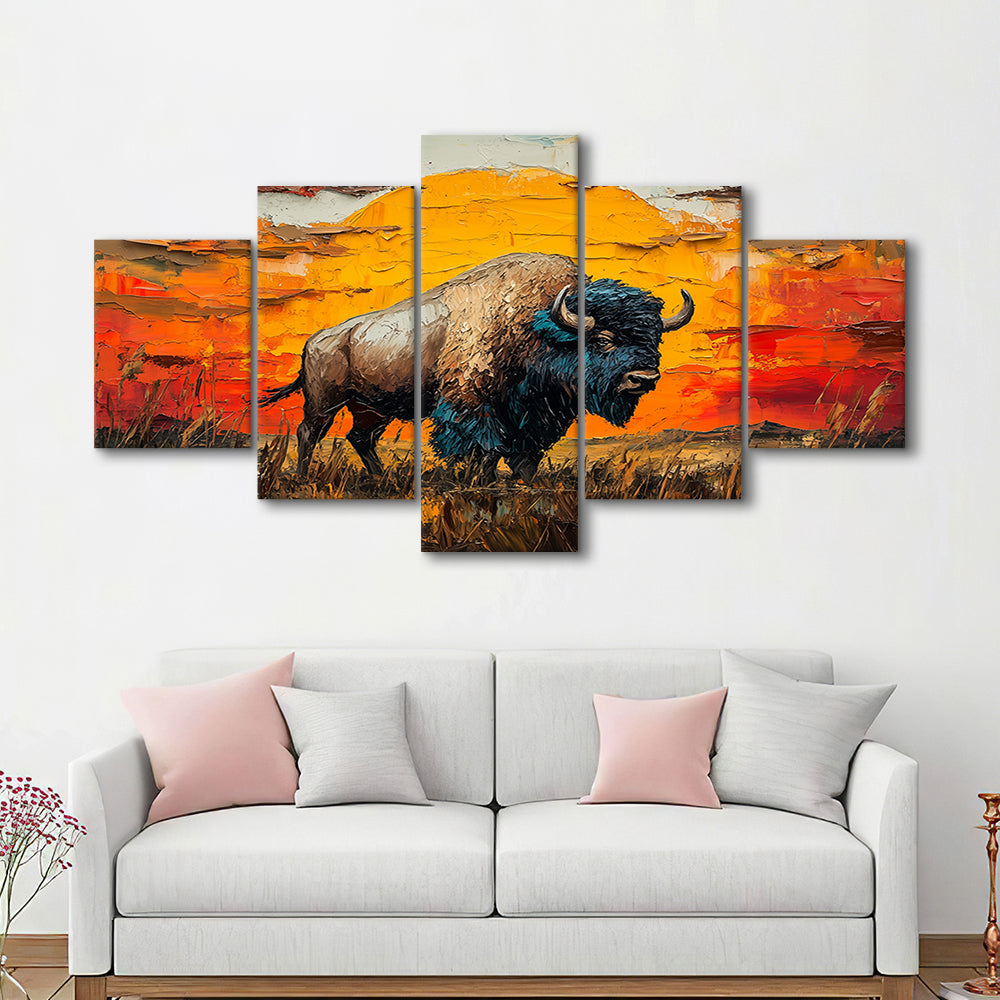 Bison In The Sunset Painting Art, Canvas Art Decor Print, Painting Art, Mixed Panels Canvas Print Wall Art