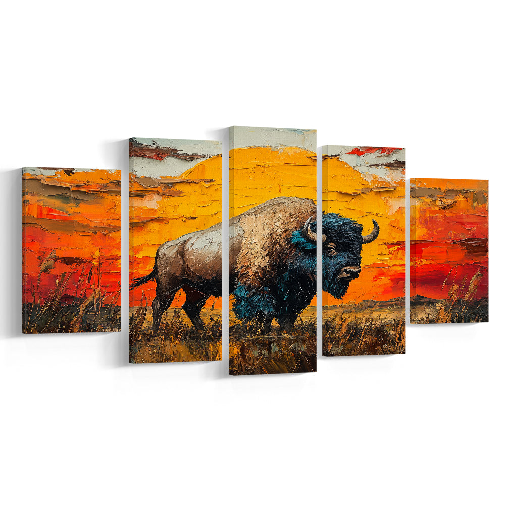 Bison In The Sunset Painting Art, Canvas Art Decor Print, Painting Art, Mixed Panels Canvas Print Wall Art