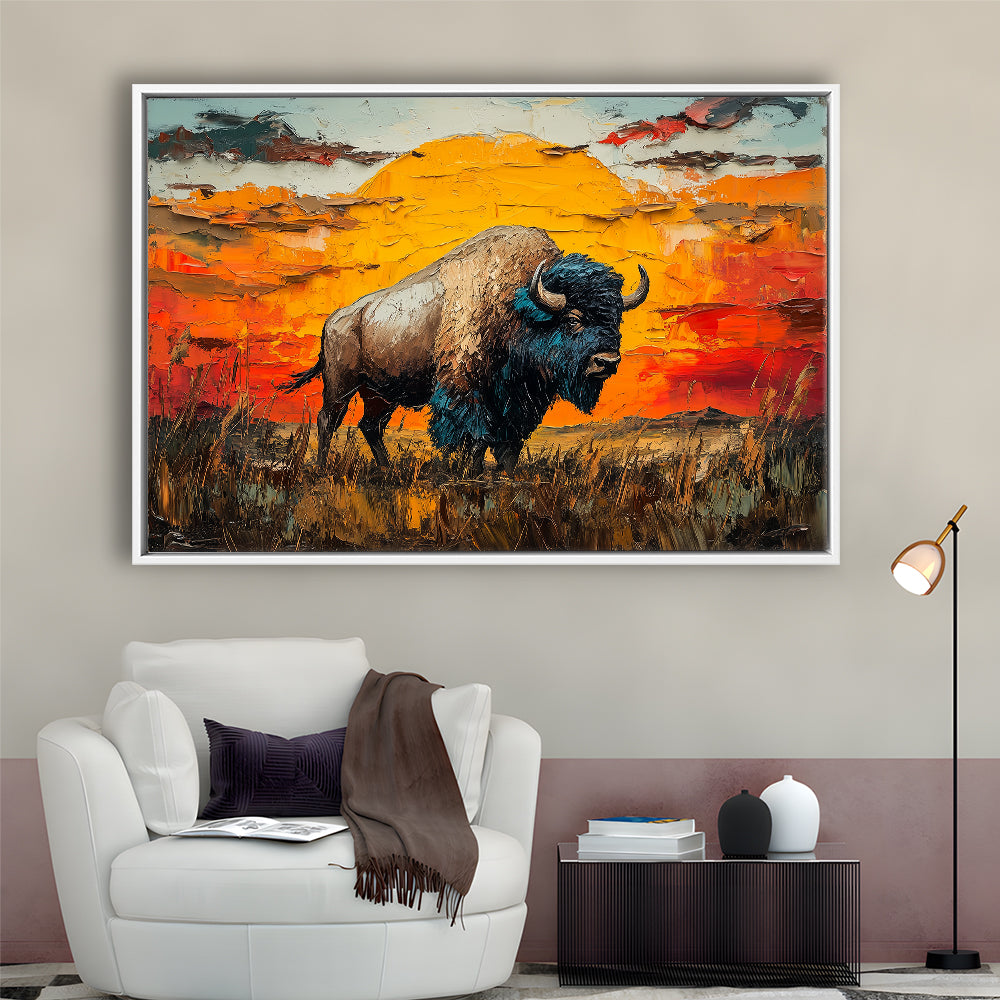 Bison In The Sunset Painting Art, Framed Canvas Print, Painting Art, Floating Framed Canvas Print Wall Art