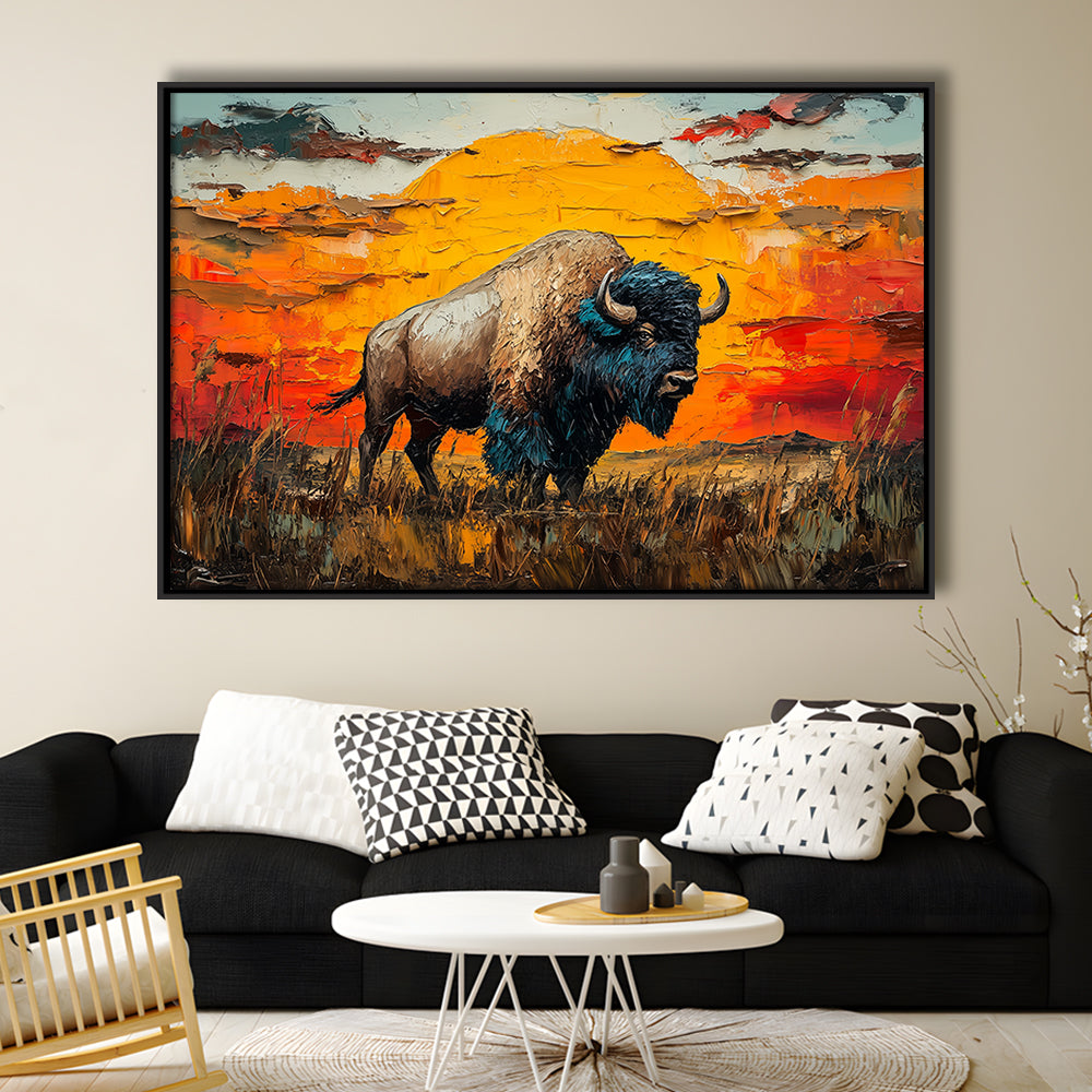 Bison In The Sunset Painting Art, Framed Canvas Print, Painting Art, Floating Framed Canvas Print Wall Art