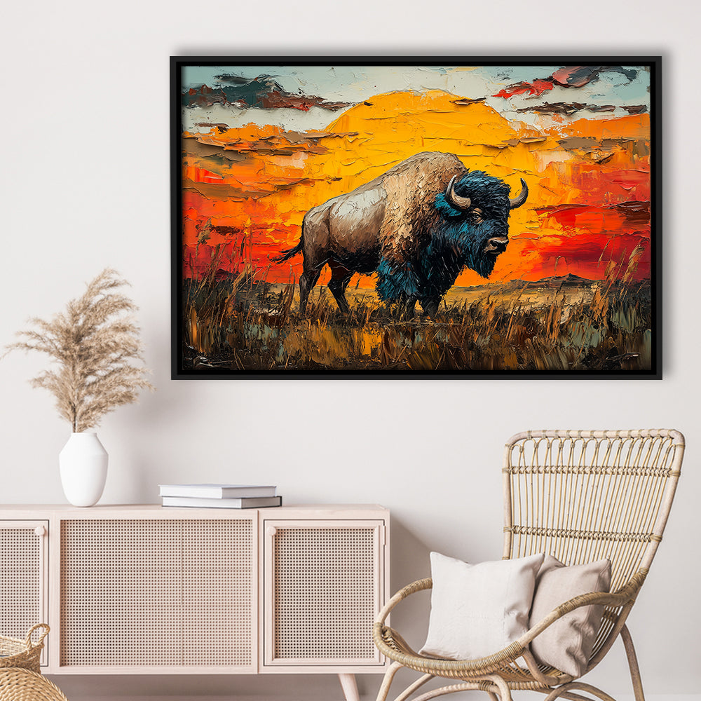 Bison In The Sunset Painting Art, Framed Canvas Print, Painting Art, Floating Framed Canvas Print Wall Art