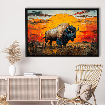 Bison In The Sunset Painting Art, Framed Canvas Print, Painting Art, Floating Framed Canvas Print Wall Art