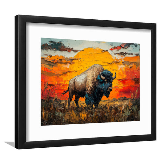 Bison In The Sunset Painting Art, Framed  Print, Painting Art, Framed Art Print White Border Wall Decor