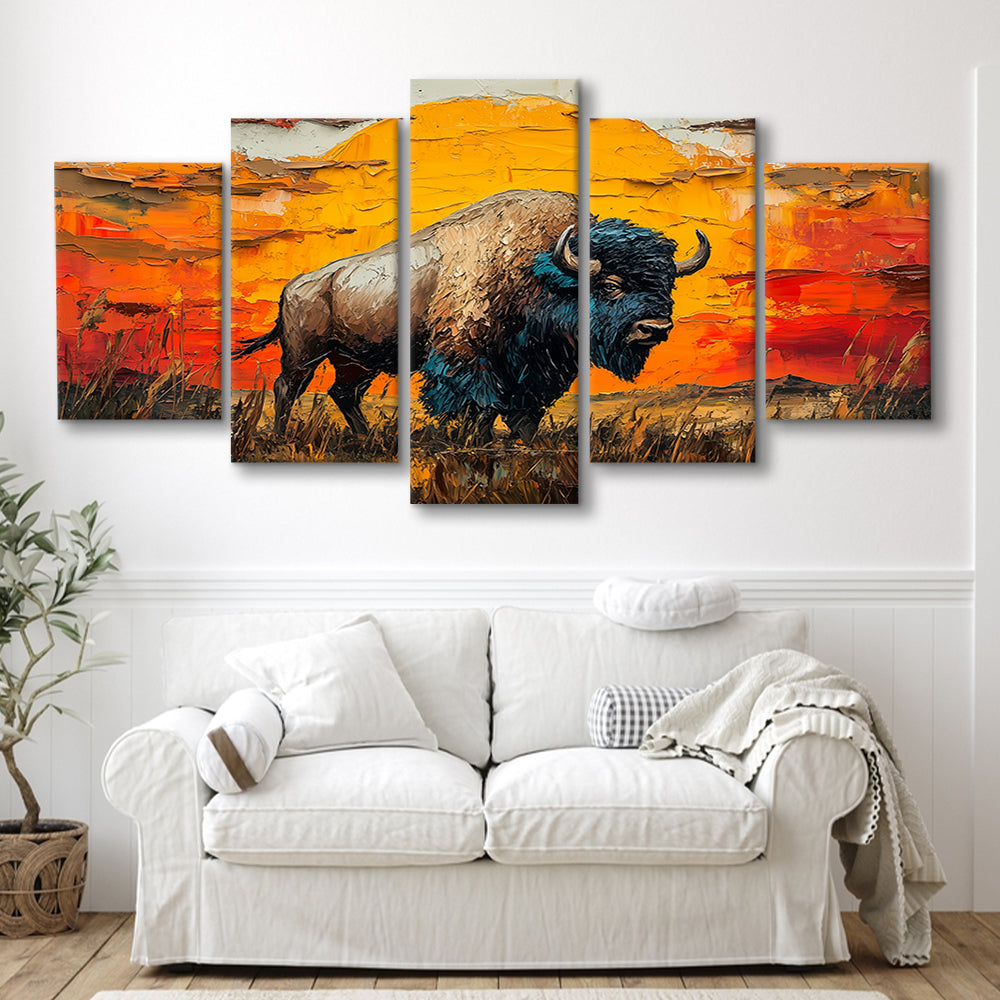 Bison In The Sunset Painting Art, Canvas Art Decor Print, Painting Art, Mixed Panels Canvas Print Wall Art