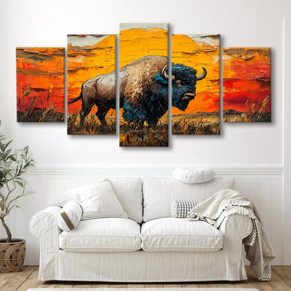 Bison In The Sunset Painting Art, Canvas Art Decor Print, Painting Art, Mixed Panels Canvas Print Wall Art