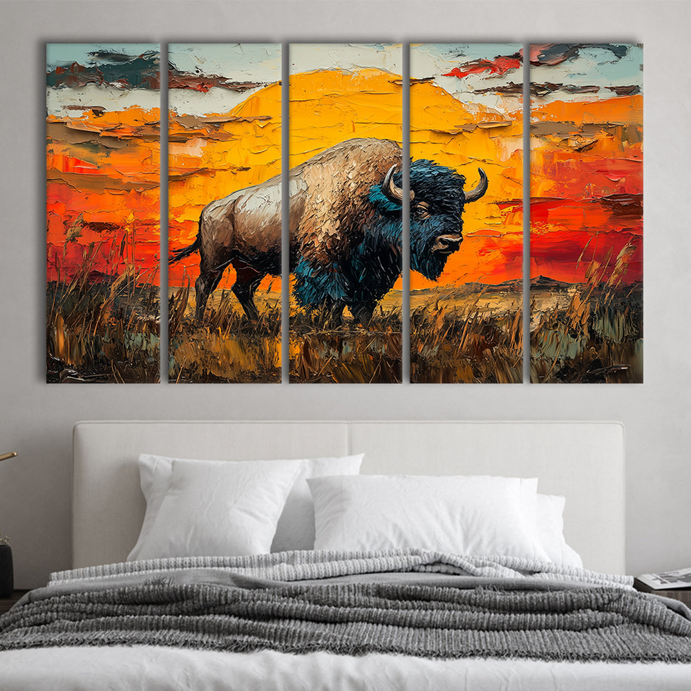 Bison In The Sunset Painting Art, Canvas Art Print, Painting Art, Multi Panels Canvas Print Wall Art