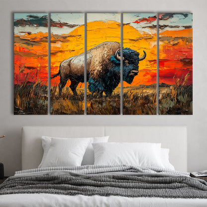 Bison In The Sunset Painting Art, Canvas Art Print, Painting Art, Multi Panels Canvas Print Wall Art