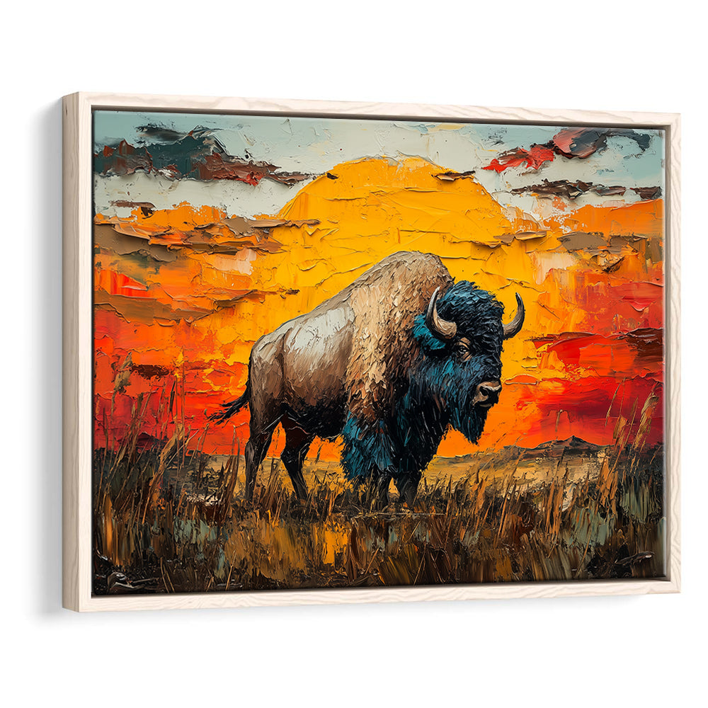 Bison In The Sunset Painting Art, Framed Canvas Print, Painting Art, Floating Framed Canvas Print Wall Art