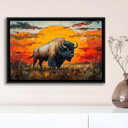Bison In The Sunset Painting Art, Framed Canvas Print, Painting Art, Floating Framed Canvas Print Wall Art