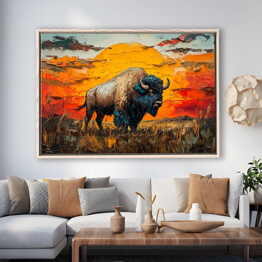 Bison In The Sunset Painting Art, Framed Canvas Print, Painting Art, Floating Framed Canvas Print Wall Art
