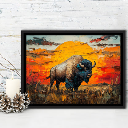 Bison In The Sunset Painting Art, Framed Canvas Print, Painting Art, Floating Framed Canvas Print Wall Art