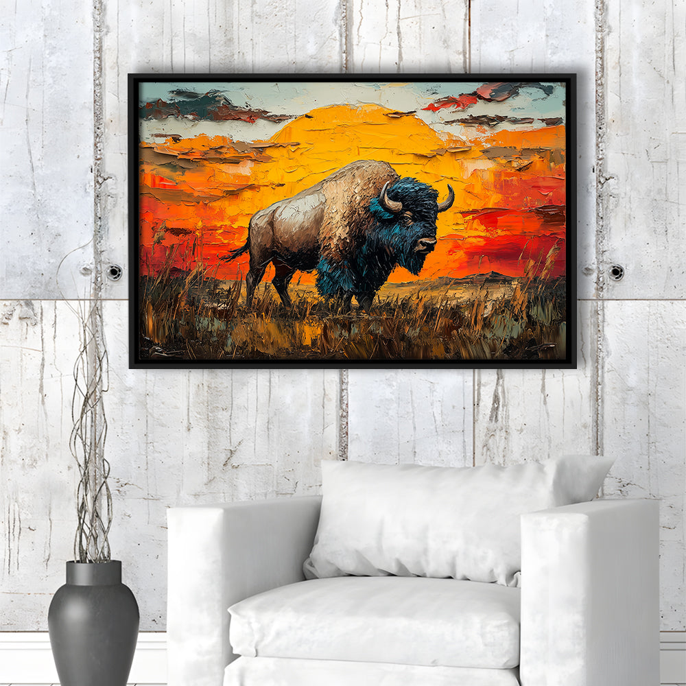 Bison In The Sunset Painting Art, Framed Canvas Print, Painting Art, Floating Framed Canvas Print Wall Art