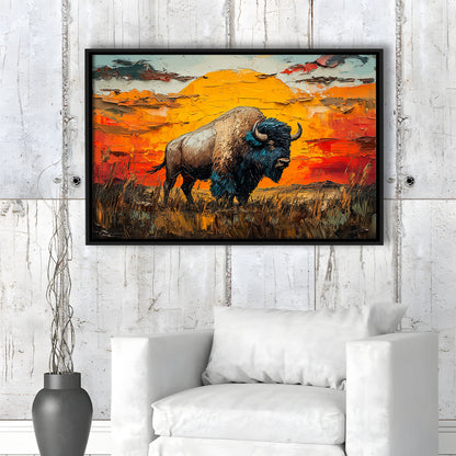 Bison In The Sunset Painting Art, Framed Canvas Print, Painting Art, Floating Framed Canvas Print Wall Art