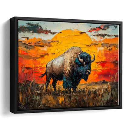 Bison In The Sunset Painting Art, Framed Canvas Print, Painting Art, Floating Framed Canvas Print Wall Art