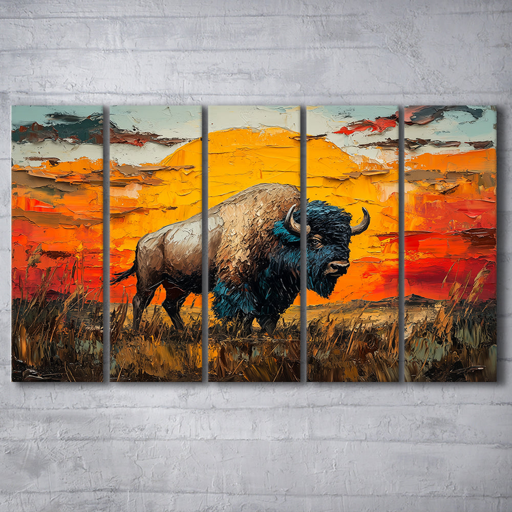 Bison In The Sunset Painting Art, Canvas Art Print, Painting Art, Multi Panels Canvas Print Wall Art