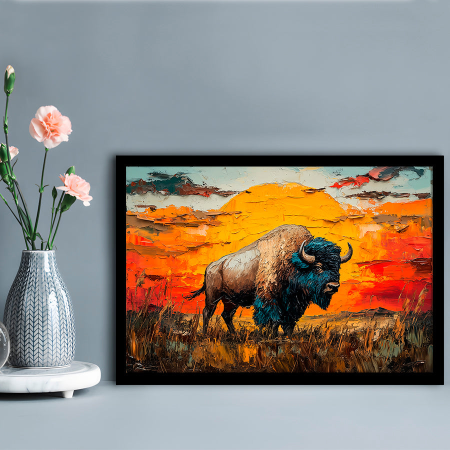 Bison In The Sunset Painting Art, Framed  Print, Painting Art, Framed Art Print Wall Decor, Framed Picture