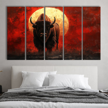 Bison Painting and Blood Moon, Canvas Art Print, Painting Art, Multi Panels Canvas Print Wall Art
