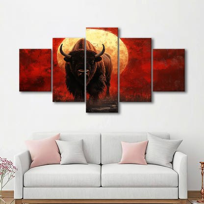 Bison Painting and Blood Moon, Canvas Art Decor Print, Painting Art, Mixed Panels Canvas Print Wall Art