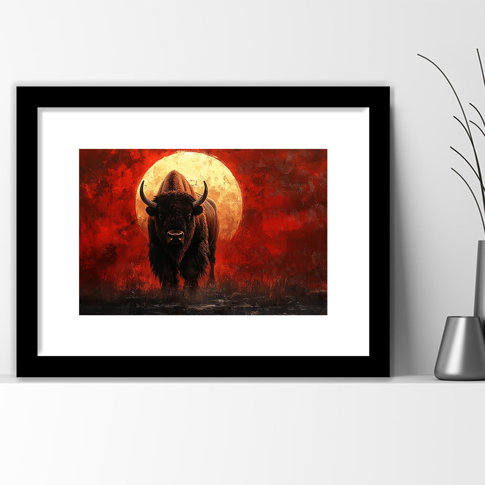 Bison Painting and Blood Moon, Framed  Print, Painting Art, Framed Art Print White Border Wall Decor