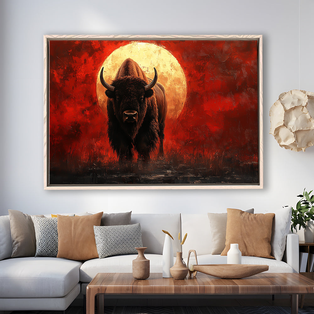 Bison Painting and Blood Moon, Framed Canvas Print, Painting Art, Floating Framed Canvas Print Wall Art