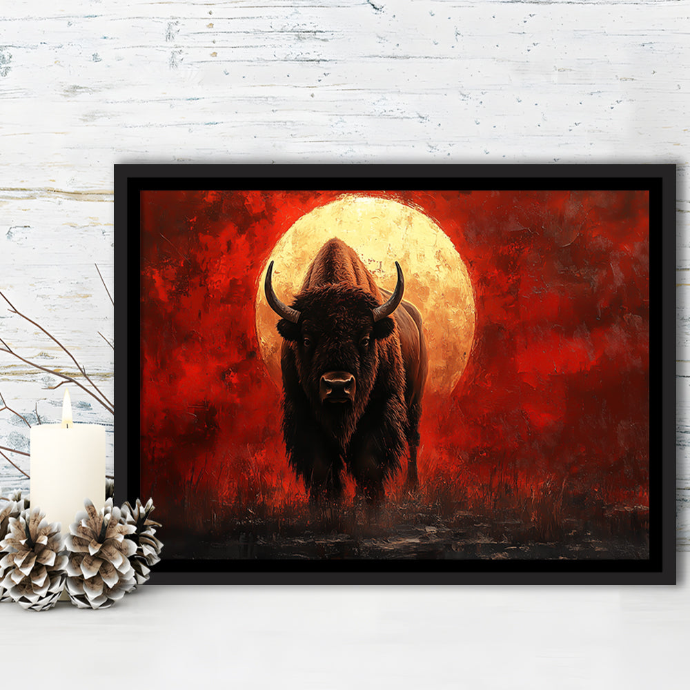 Bison Painting and Blood Moon, Framed Canvas Print, Painting Art, Floating Framed Canvas Print Wall Art