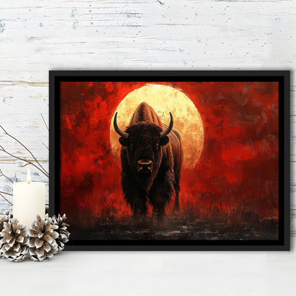 Bison Painting and Blood Moon, Framed Canvas Print, Painting Art, Floating Framed Canvas Print Wall Art